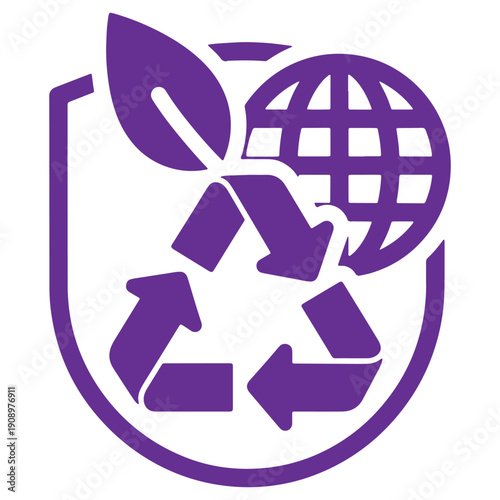 Purple ecofriendly globe with recycling symbol and leaf representing sustainability and global environmental awareness