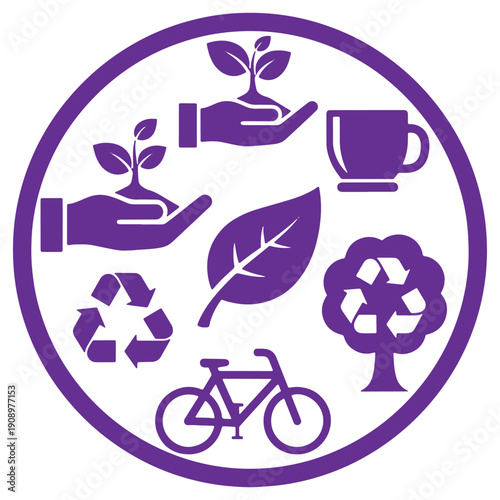 Purple ecofriendly icon set featuring recycling plants hands coffee cup and bicycle isolated on a transparent background