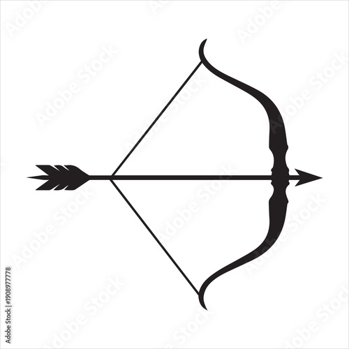 Minimal bow and arrow silhouette icon in black, archery weapon symbol vector illustration isolated on white background