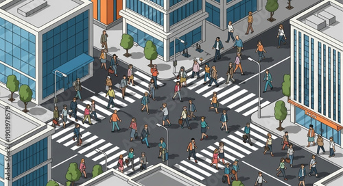 Busy City Intersection with Many People Crossing Streets.