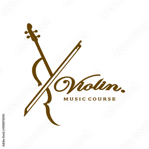 Violin Music Course Logo Design with Classic Musical Instrument Silhouette and Bow Vector Illustration