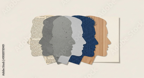 Multiple Silhouettes of Human Heads in Profile Facing Right.