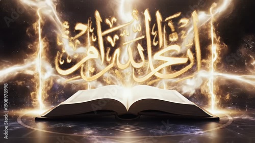 An open book radiating light, with cosmic energy bursting forth, set against a dark, starry background