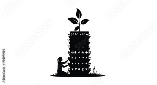 Silhouette of a person tending to a tall vertical garden, symbolizing growth and sustainability