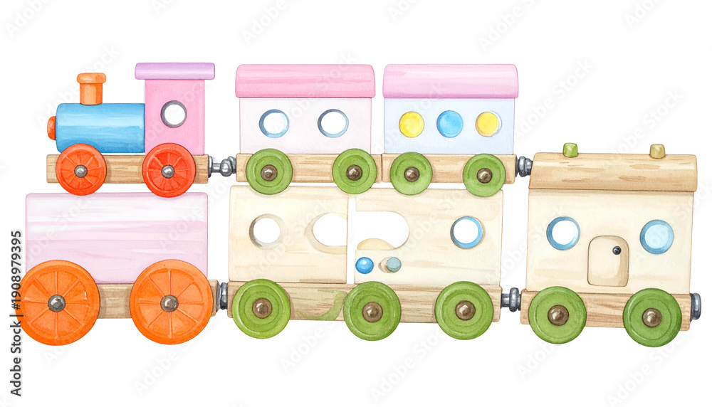 Naklejka premium Watercolor illustration of a colorful wooden toy train with multiple carriages