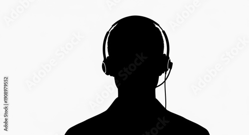 Silhouette of a person wearing headphones and a microphone.