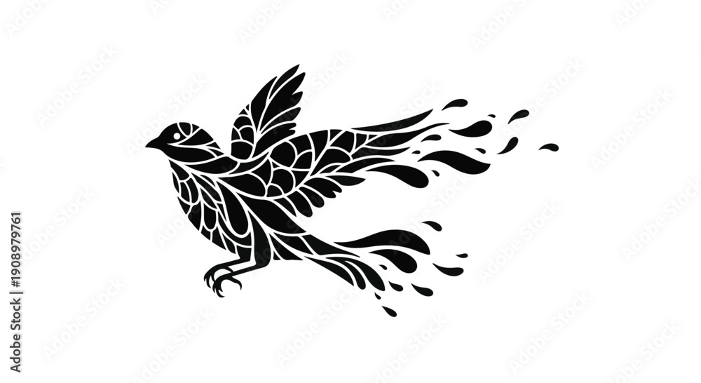 Obraz premium Elegant black bird silhouette dissolving into abstract splashes of ink, symbolizing freedom and transformation.