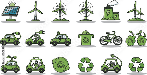 Eco friendly transportation and renewable energy icons