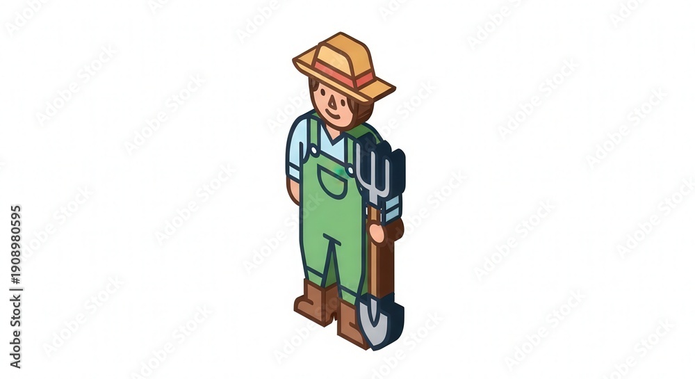 Obraz premium Pixel Art Farmer Holding Gardening Tools in Bright Vegetation Scene