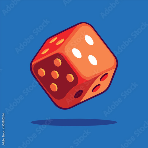 A colorful red and orange dice floating in the air with a blue background