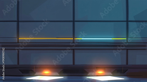 Stylized Blue Sci-Fi Interior Wall Texture with Glass Panels, Neon Strip, and Floor Lights, Hand-Painted Game Art Style Background