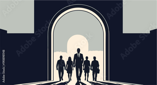 Team of professionals walking confidently towards bright future through grand archway