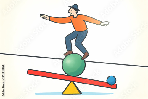 Person Balancing on a Green Sphere While Standing on a Red Seesaw in a Simple Illustration