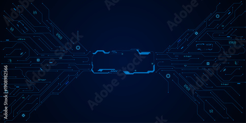 Futuristic HUD frame on circuit board background. Connected lines with electronic elements. Glowing light blue neon AI chip with thin circuit contact lines.