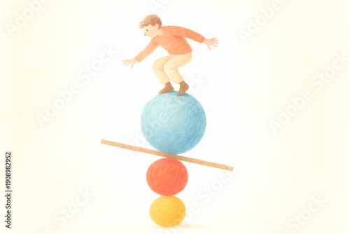 Balancing Act with Colorful Geometric Shapes and a Boy on Top of a Sphere
