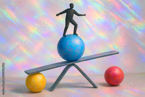 Balancing Act in Colorful Abstract Setting with Figure on Blue Sphere and Bright Balls