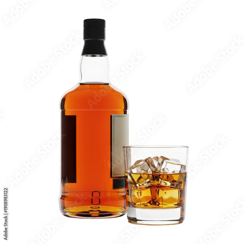 Luxury whiskey bottle and glass with ice, isolated on transparent background
