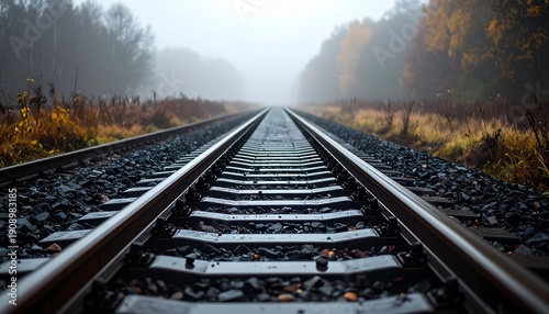 Empty Railway Line Stretching Through a Serene, Foggy Autumn Woodland Landscape