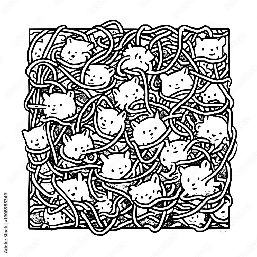 Obraz premium Playful Black and White Cartoon of Tangled Noodles Intertwined with Cute Cat Heads, Combining Food Imagery and Animals in a Whimsical, Humorous, and Imaginative Artistic Design