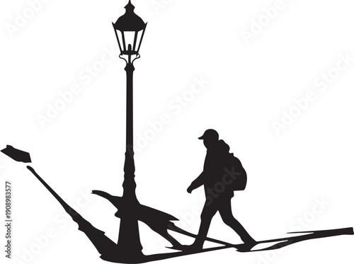 Male traveler walking by vintage street lamp post vector silhouette illustration line art