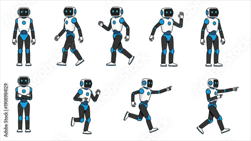 Futuristic Robots Vector Illustration – AI in Action with Dynamic Poses in Clean Graphic Style