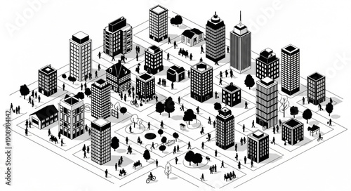 Isometric illustration of a bustling city with skyscrapers and parks.