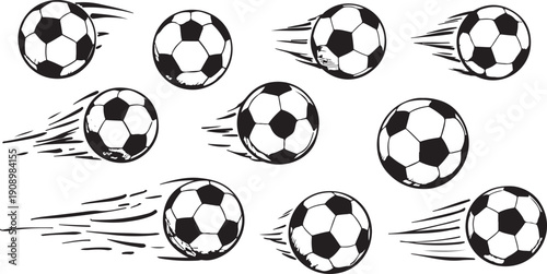 Multiple soccer balls flying through air in different directions in a cartoon style