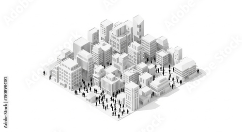 Isometric view of a modern city skyline with many buildings and tiny people.
