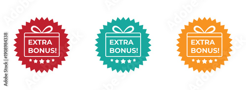 Get extra bonus offer today special gift box promotion limited time only. Three colorful bonus gift icons with ribbon and stars. 