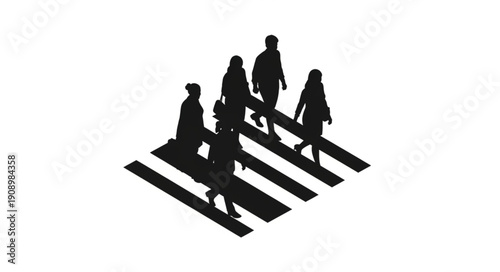 Silhouettes of people crossing a street on a crosswalk.