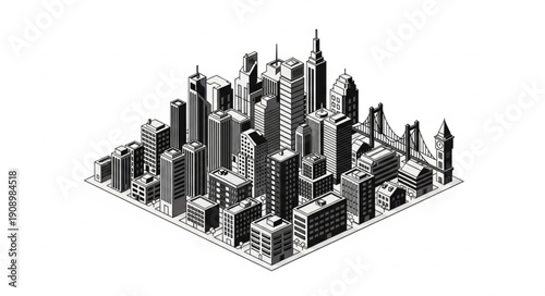 Isometric illustration of a dense city skyline with skyscrapers and bridges.