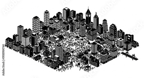 Detailed Isometric Cityscape Illustration with Numerous Buildings and Tiny People.