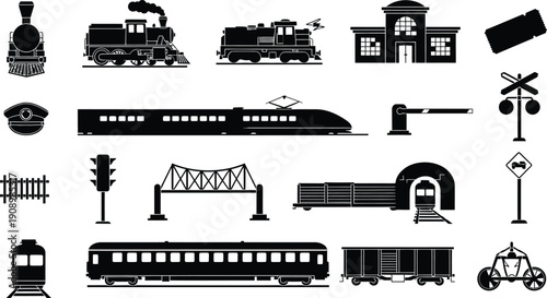 Train and Railway Icon Pack: Steam Locomotives, Modern Trains, Stations, and Infrastructure Elements