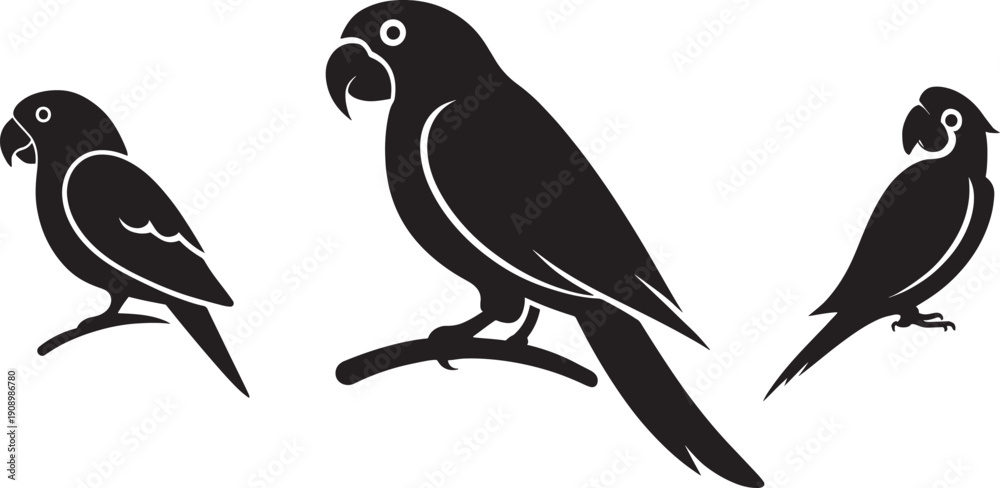 Fototapeta premium Macaw Parrot Silhouette Icon Set Vector Illustration Tropical Bird for Exotic Wildlife Logo and Pet Shop