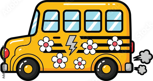 A yellow cartoon hippie van decorated with white flowers and a grey lightning bolt symbol