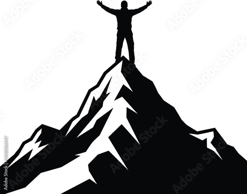 Triumphant person standing on mountain peak with arms raised