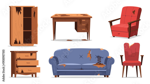 Assortment of old and dilapidated furniture items including a broken wardrobe, stained desk, torn sofa, and worn-out chairs in need of repair.