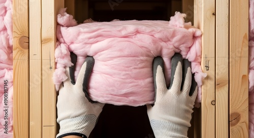 Wallpaper Mural Close-up of hands installing fluffy pink insulation material between wooden framing in a building construction context. Torontodigital.ca