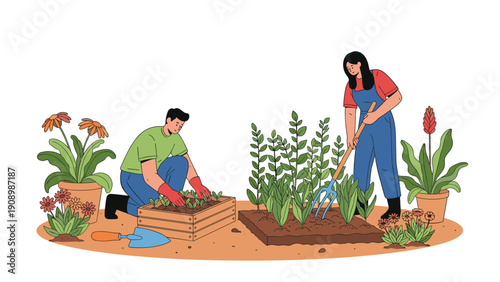 Young man and woman work together in a lush garden planting flowers and seedlings in soil and wooden boxes using various gardening tools.