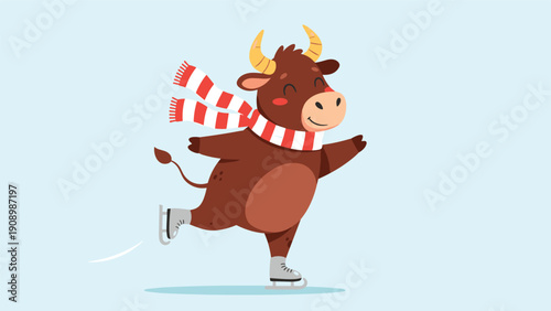 Joyful cartoon bull wearing a red and white striped scarf is shown ice skating with a happy expression on a light blue background.