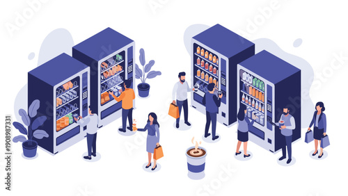 Isometric scene of people buying different snacks and beverages from automated vending machines in a public lounge area.