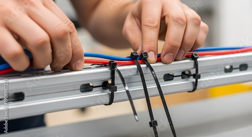 Wallpaper Mural Hands neatly organizing electrical wires using black zip ties on a metal rack. Detail of cable management, IT infrastructure, and technology setup. Torontodigital.ca