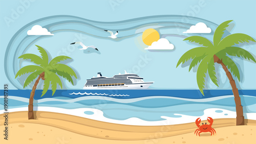 Beautiful tropical beach scene in paper cut style featuring palm trees, sand, ocean waves, sun, seagulls, and a cruise ship on the horizon.