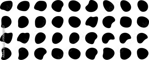 Black vector organic fluid amoeba blob elements set. Irregular pebble stone shapes background. Various quirky free form organic liquid water puddle irregular shapes.