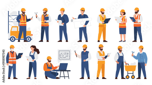 Diverse group of construction site professionals including engineers, architects, and builders wearing safety vests and hard hats with tools.