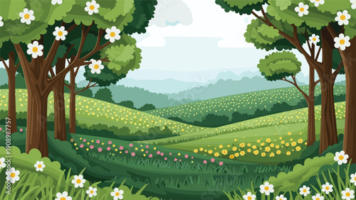 Idyllic landscape featuring rolling green hills covered in yellow and white flowers framed by lush trees under a clear spring sky.