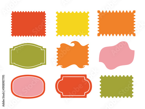 Set of nine decorative borders and labels in various shapes and colors for graphic design