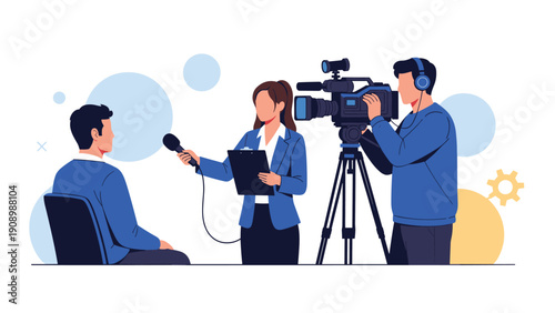 Professional television news crew including a reporter with a microphone and a cameraman conducting an interview with a man.