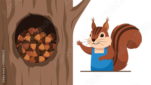 Friendly cartoon squirrel wearing blue overalls waves from beside a large tree trunk featuring a hollow filled with a winter stash of acorns.