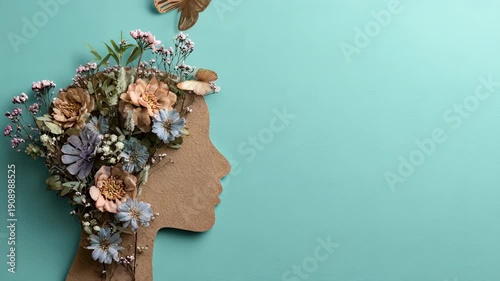 Cardboard human head silhouette with flower and butterfly on mint background, world mental health day vertical banner, awareness concept with copy space